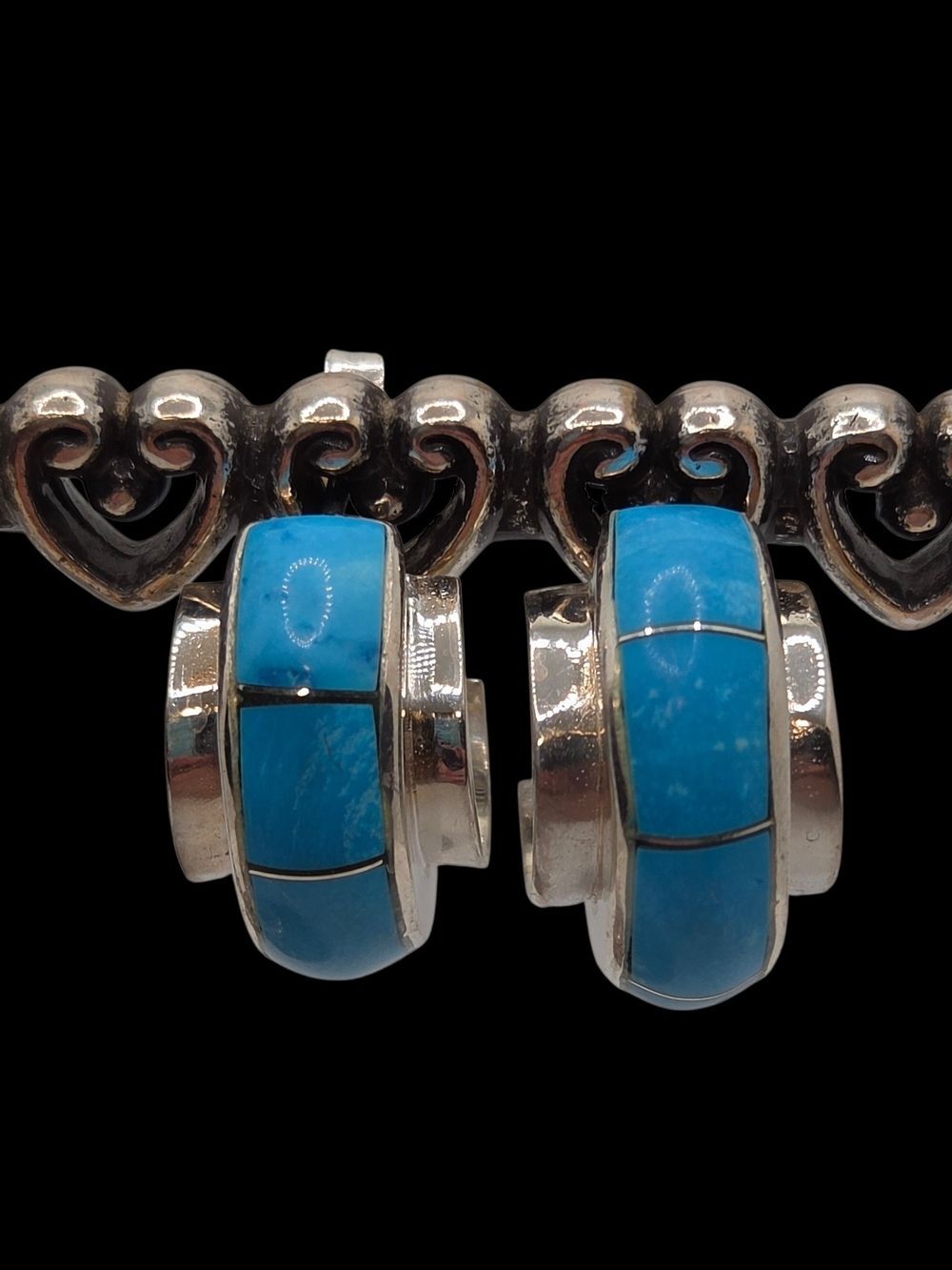 Sterling Silver Blue Turquoise Channel Inlay Hoop Earrings Southwestern NWT